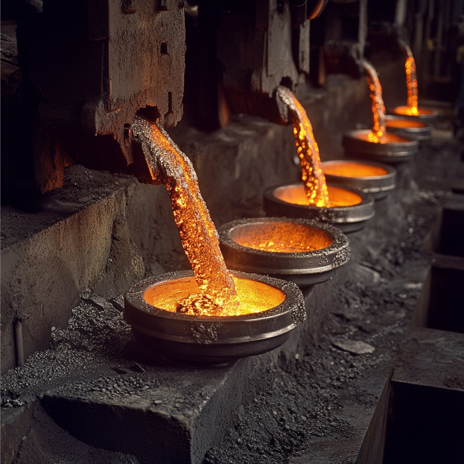 casting process foundry with molten metal being poured into molds create metal parts