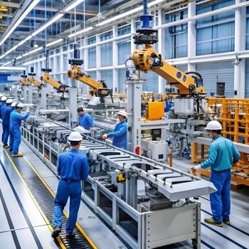 Home industrial workers on an assembly line in a factory. showcasing