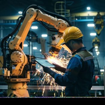 Home man yellow helmet is using machine with machine that says robot