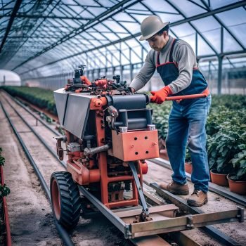 Home a worker operates a specialized machine in a greenhouse setting.